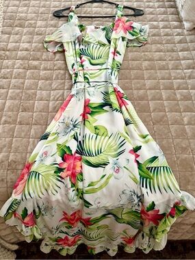 Tommy Bahama White Floral Tropical Sundress with Pink & Green Accents